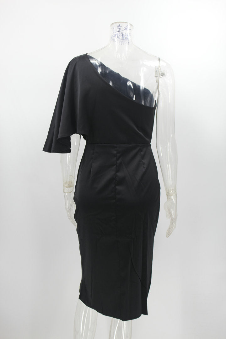 WomenSexy Single Sleeve Irregular Satin Evening Dress 16