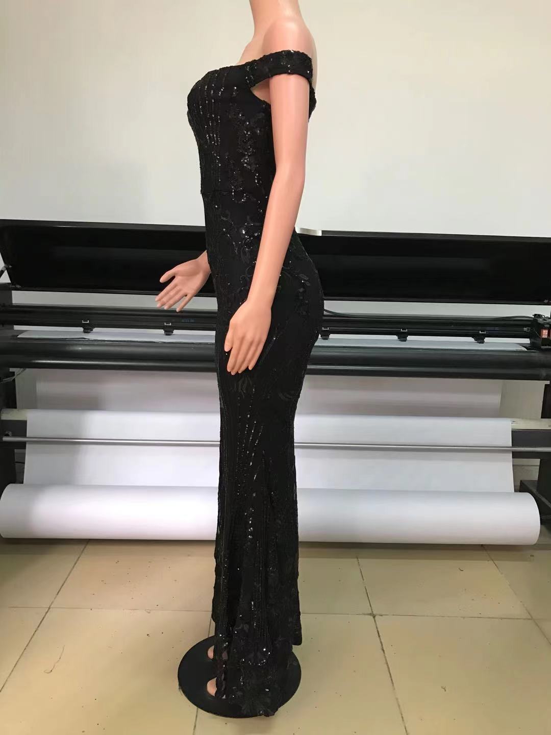 Women Halter Neck Off Shoulder Sequin Mesh Slit Sexy Dress 18