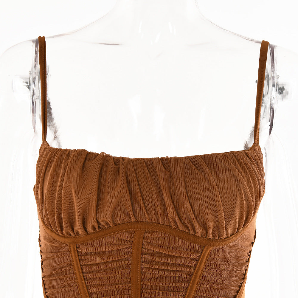 Strap Dress Women'S Fall Sexy Low Back Tight Fitting Chic Slim Waist Pleated Long Dress 22