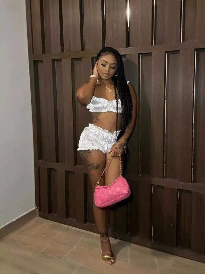 Women sexy suspenders Strapless Top and Ruffle Edge Shorts Two Piece Set 4