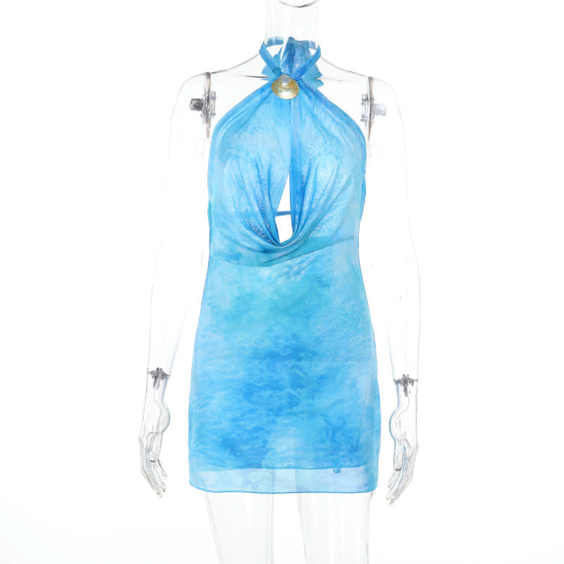 Women Halter Neck Hollow Hollow Holidays Mini Print Dress 7
