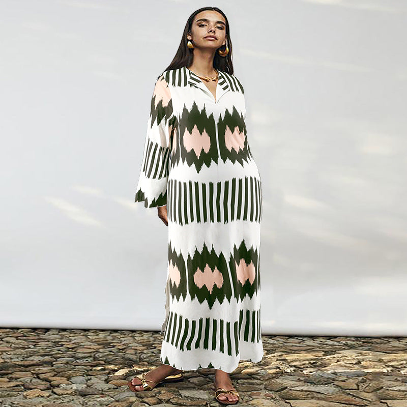 Plus Size Women's Turndown Collar Long Sleeve Slit Casual Dress