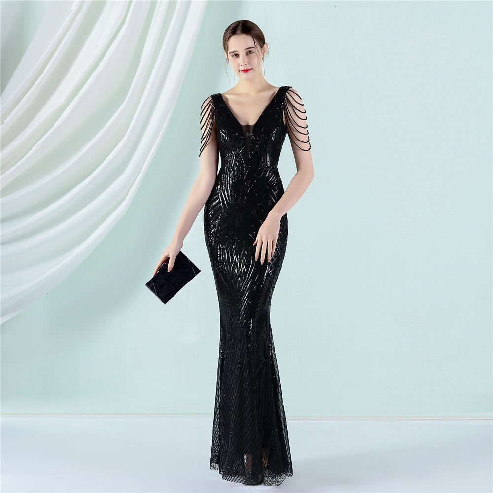 Women Summer Burgunry Modest v-Neck Sleeveless Patchwork Sequined Mermaid Fringed Evening Dress 3