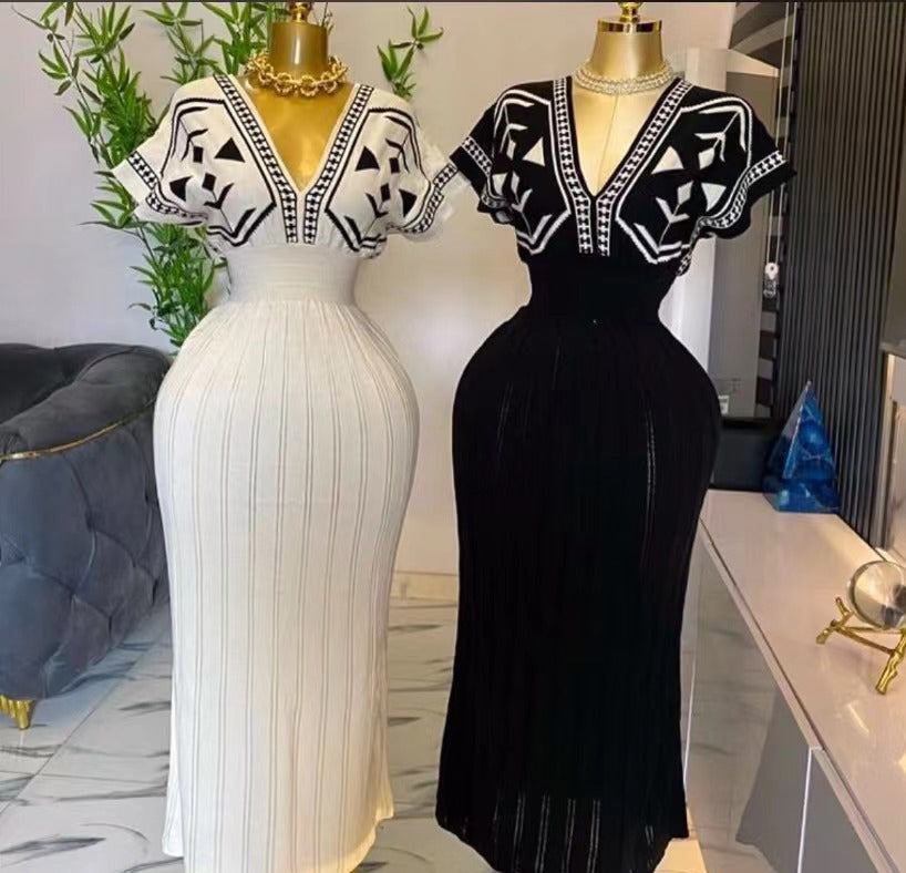 Women's Spring Elegant V-Neck High Waist Knit Jacquard Long Dress 10