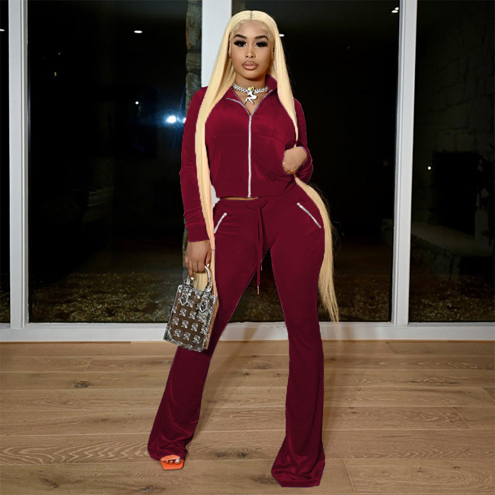 Women's Velvet Solid Color Sexy Zipper Pocket Two-Piece Tracksuit 5