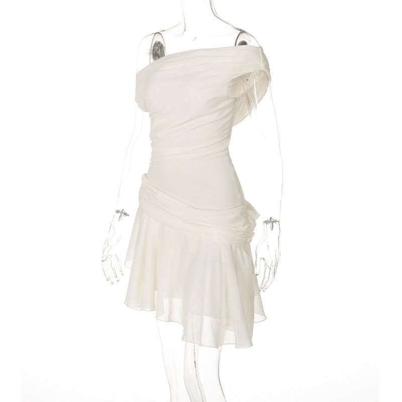 Women Summer Solid Sleeveless Off-shoulder French Irregular Dress 10