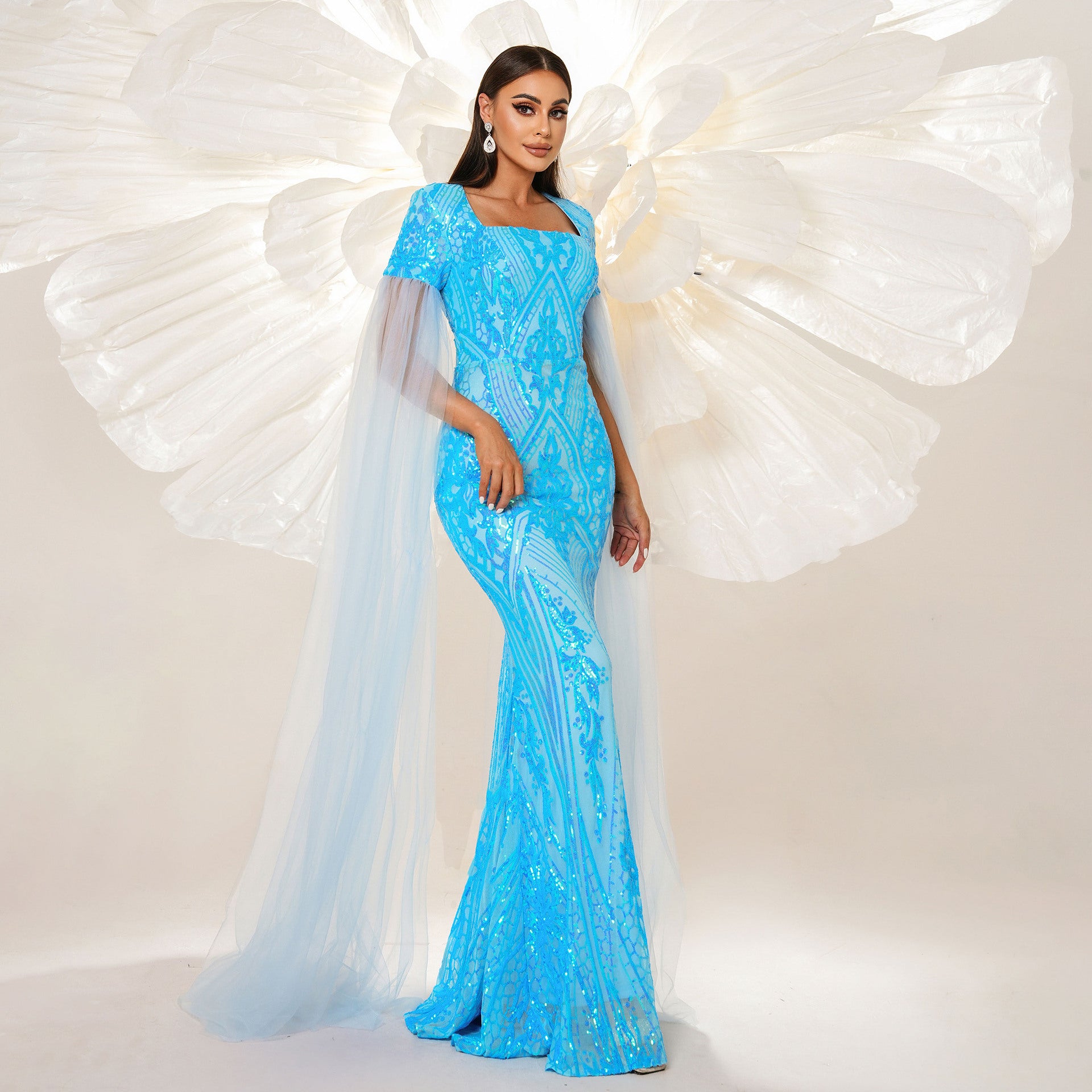 Women long sleeve square neck Formal Party Bodycon sequined fishtail evening dress