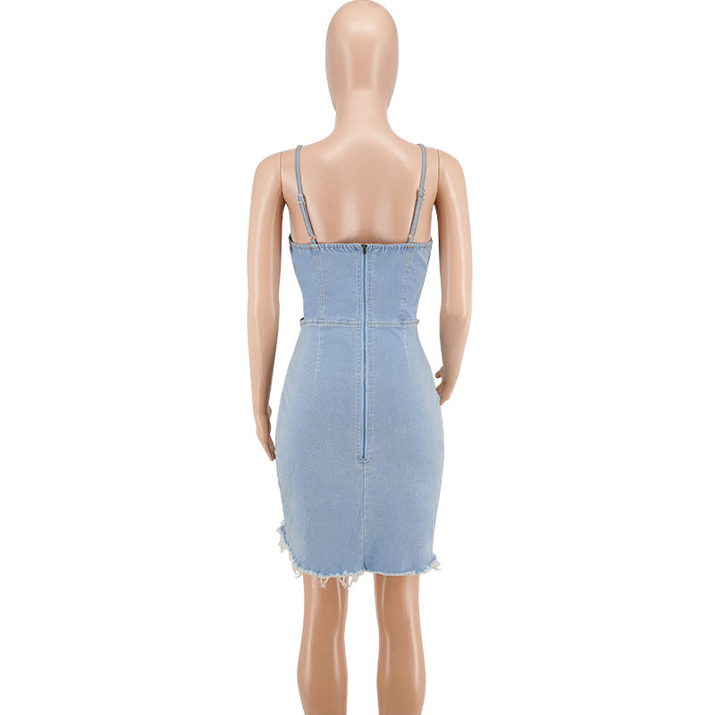 Plus Size Women's Spring Sexy Sleeveless Washed Denim Dress 9