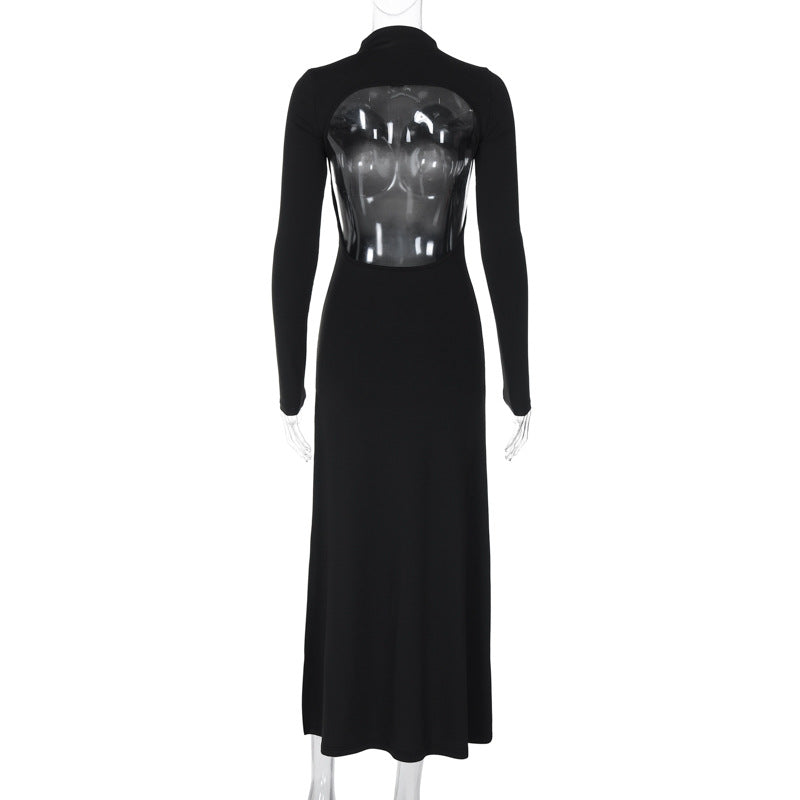 Women Long Sleeve High Neck Sexy Backless Slit Dress 11