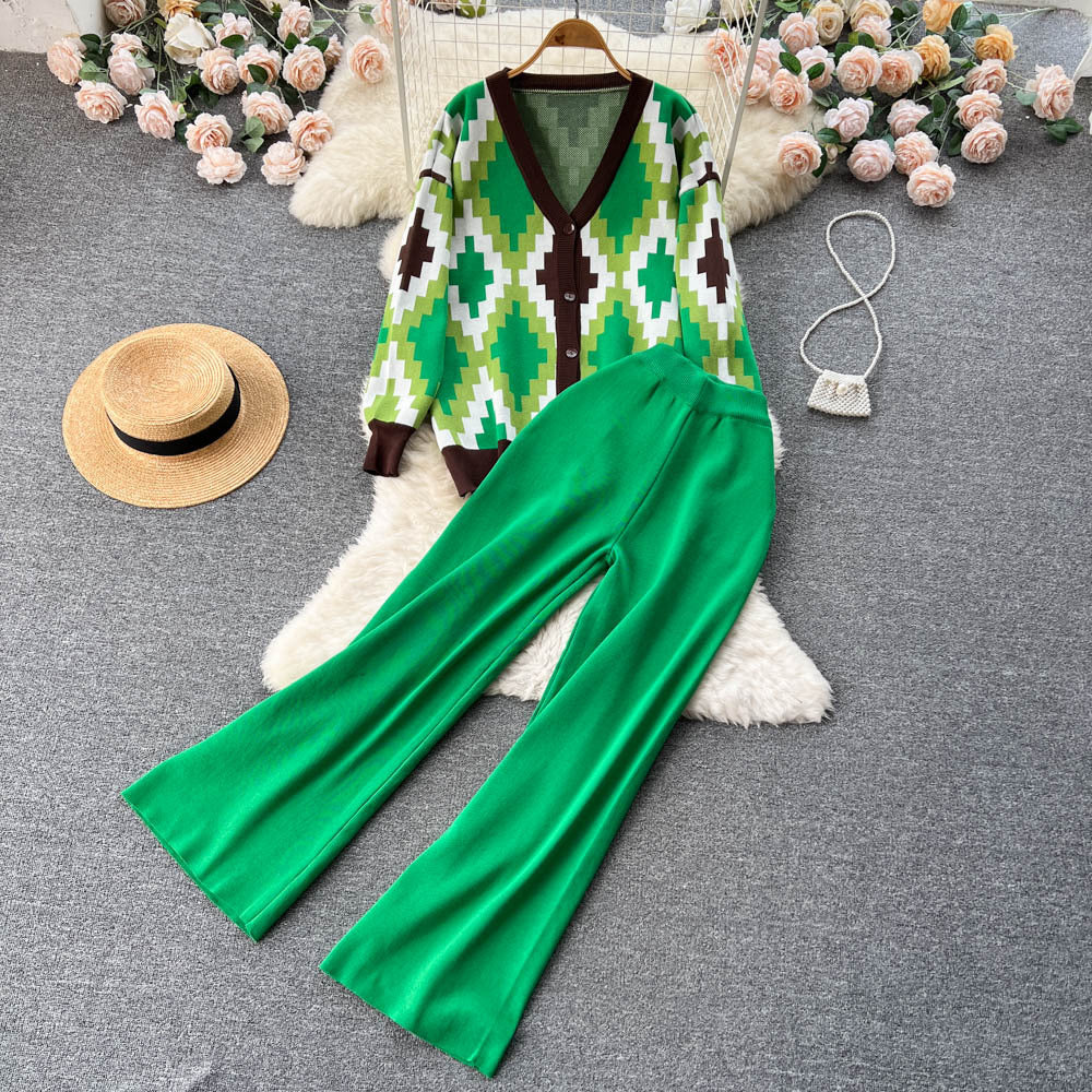 Women Casual Contrast color knitting V-neck jacquard cardigan sweater + wide-leg pants two-piece set 4