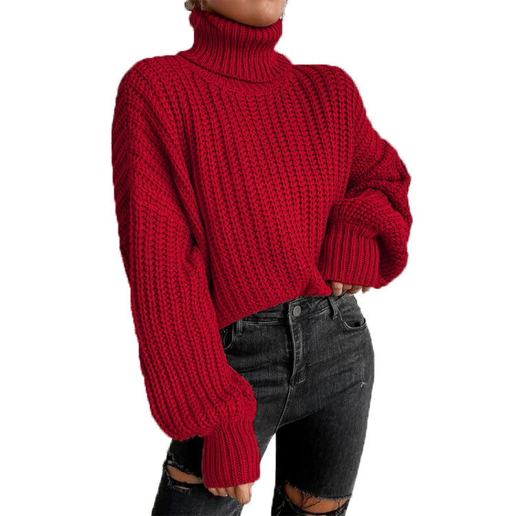 Autumn and Winter Fashion Shoulder Drop Long Sleeve Knitting Loose Pullover High Neck Sweater 6