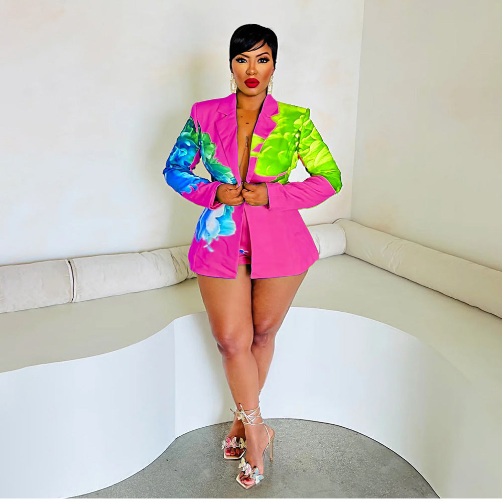Women's Fashion Casual Collar Printed Blazer Shorts Two Piece Suit 4