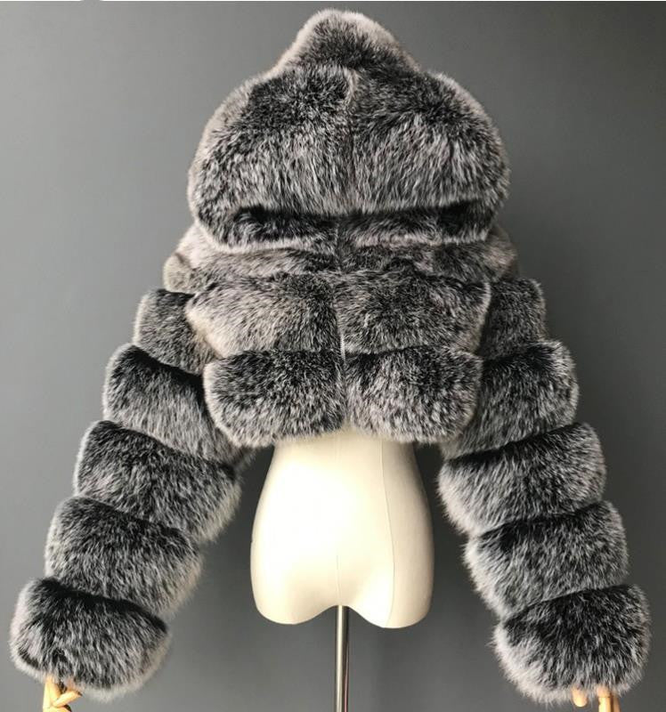 Women Faux furry Hooded Long Sleeve Crop Jacket 9