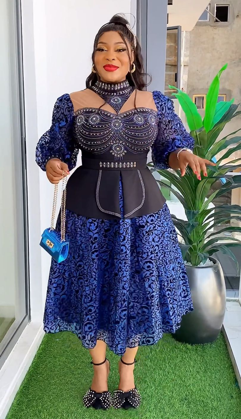 Plus Size Women African Beaded Lace Patchwork Dress 3