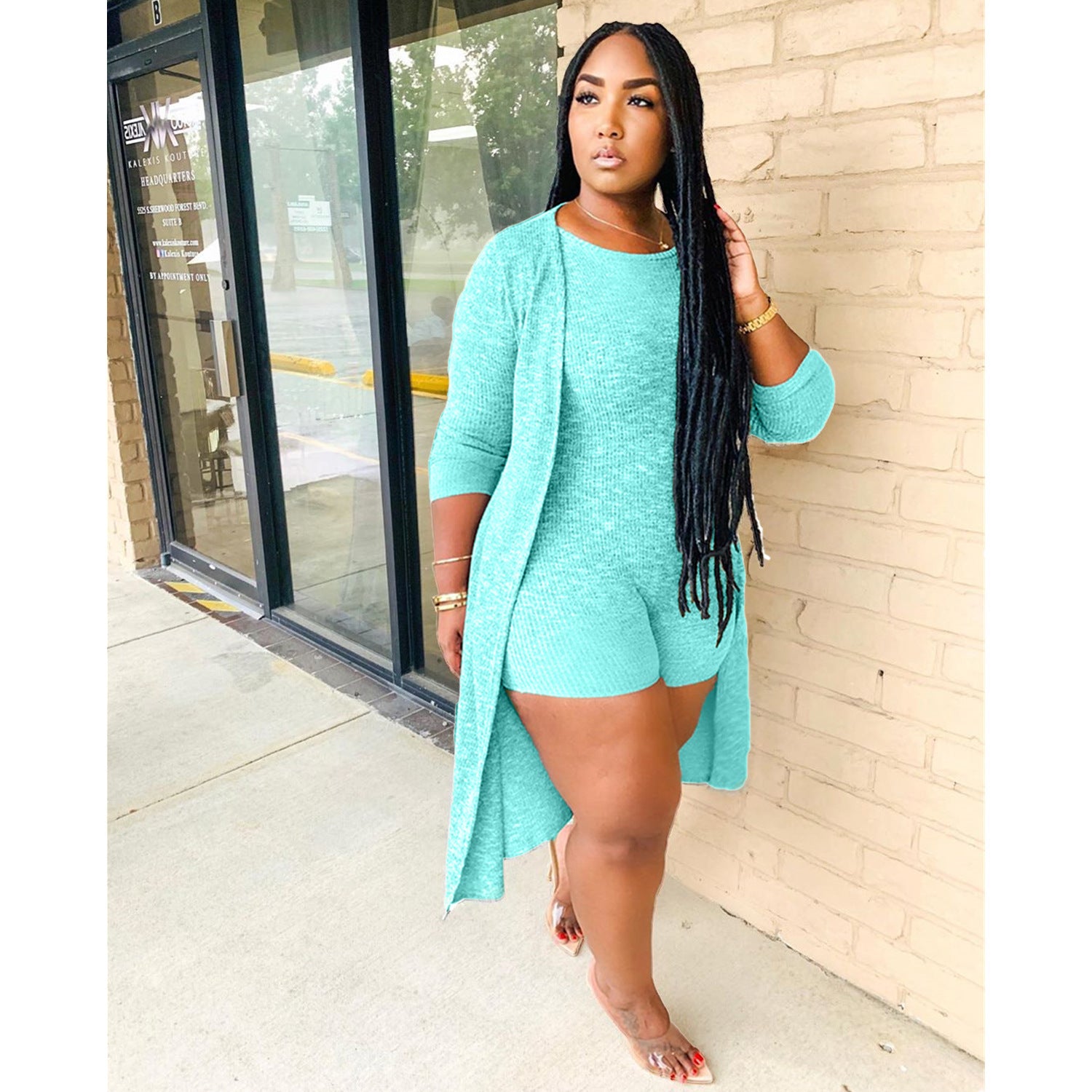 Fashion casual women's clothing Ribbed jumpsuitb + cape two-piece set 10