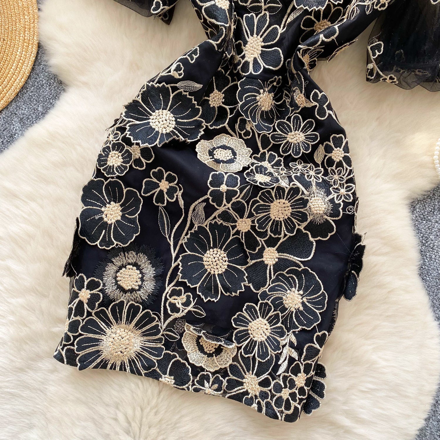 Women's  Luxury Embroidery Mesh Puff Sleeve Slim Waist Short Chic Dress 12