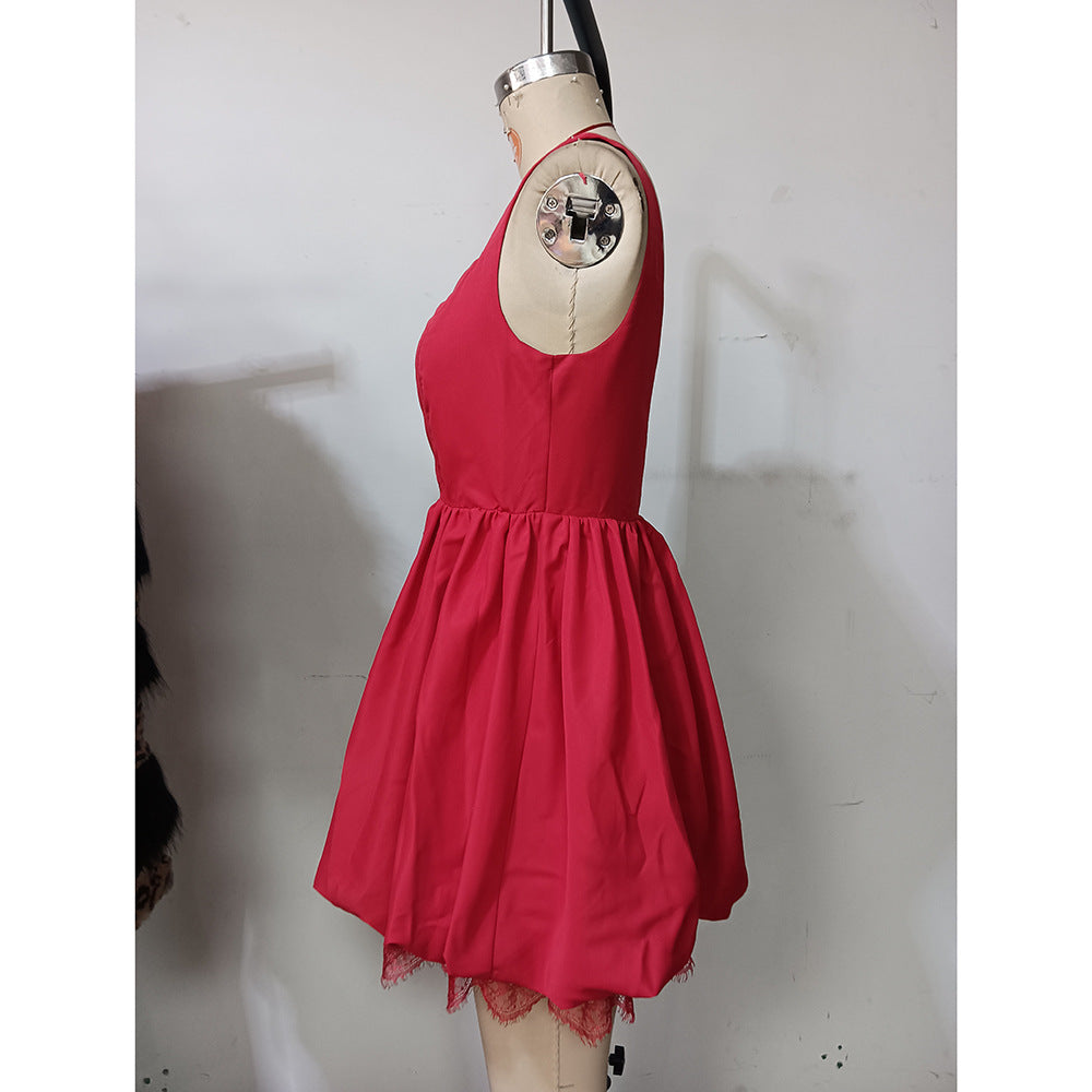 Women sexy suspenders red lace summer Backless Formal Party Dress 5