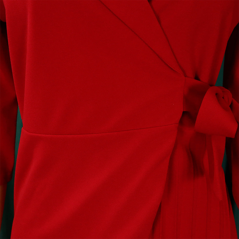 Plus Size Women's Fashion Turndown Collar Fashion Lace-Up Slim Waist Pleated African Dress 25