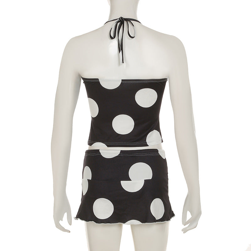 Polka Dot Black And White Contrast Print Halter Neck Crop Strap Top Drawstring High Waist Ruffle Skirt Casual Sexy Two Piece Set 7