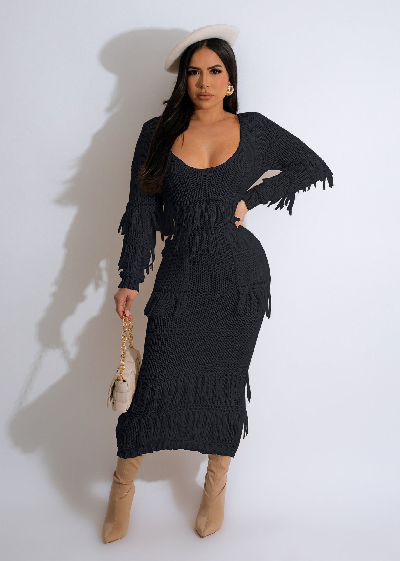 Women sexy knitting Crochet fringed dress (with pockets)