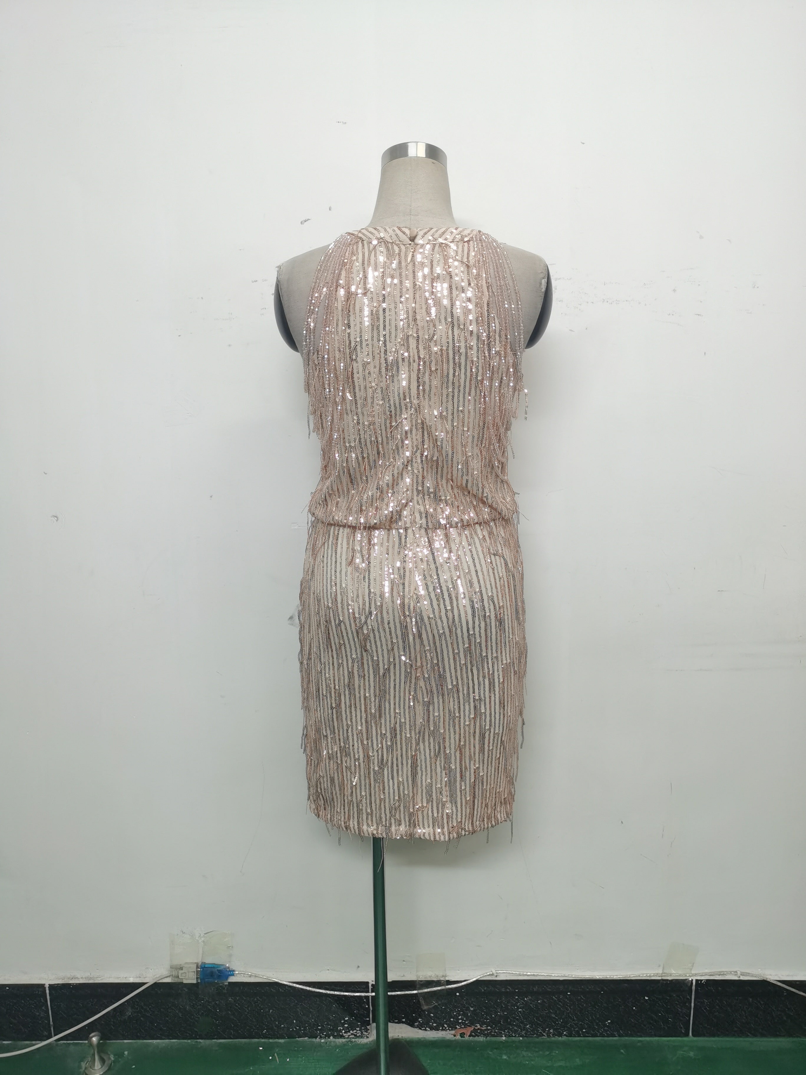 Women Tassel Sequin Halter Neck Beaded Evening Dress 13