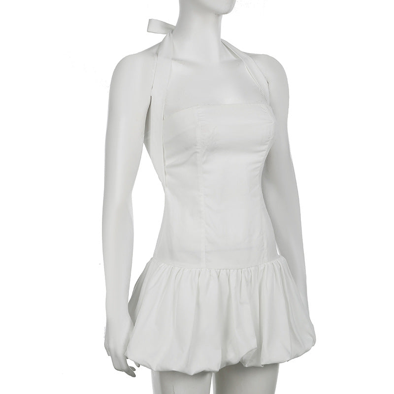 Women's Chic Solid Color Halter Neck Slim Waist Low Back Slim Waist A-Line Dress 6