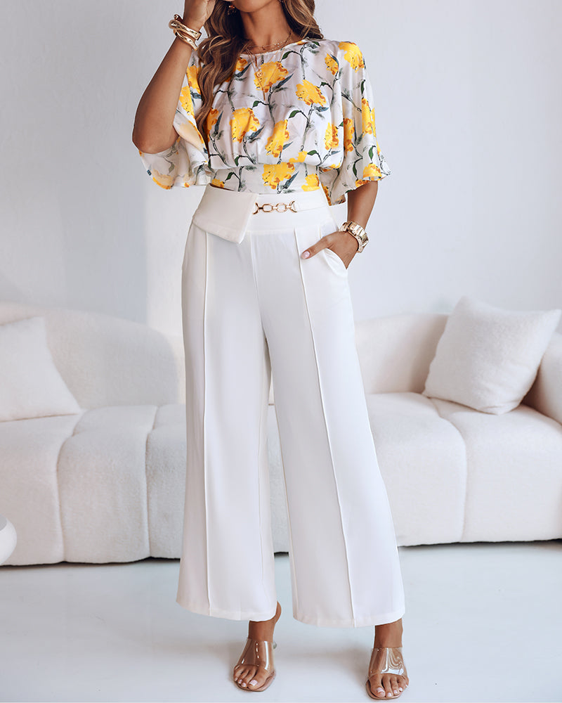 Women Yellow Floral Print Bell Bottom Sleeve Top and Pants Two-Piece Set 5