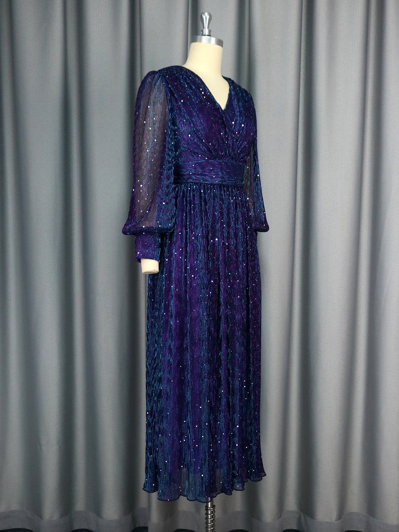 Sexy V-Neck Sequin Long-Sleeve Dress Purple Elegant Formal A-Line Gown 4