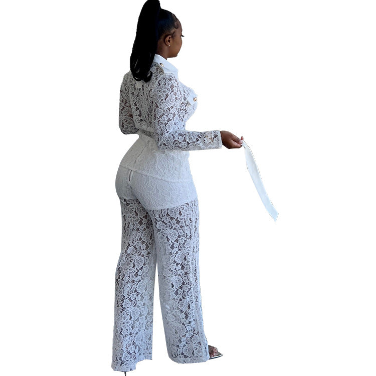 Women Fall Turndown Collar Long Sleeve Top and Pants Two-piece Set 5