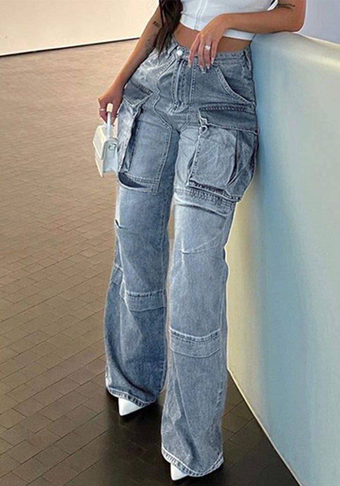 Women Pocket Loose Washed Cargo Denim Pants