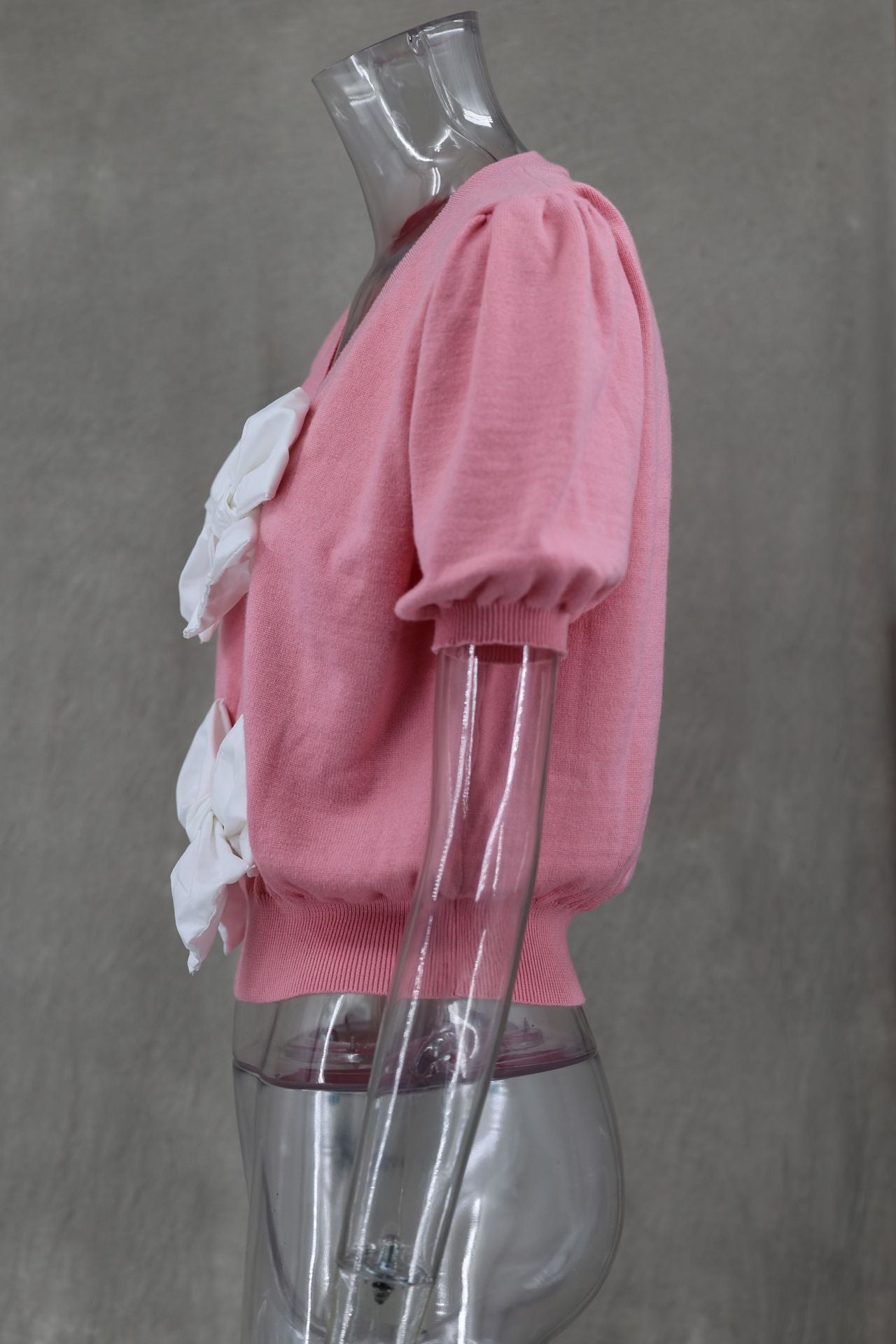 Women Spring V-neck Short Sleeve Bowknot Solid Sweater 7