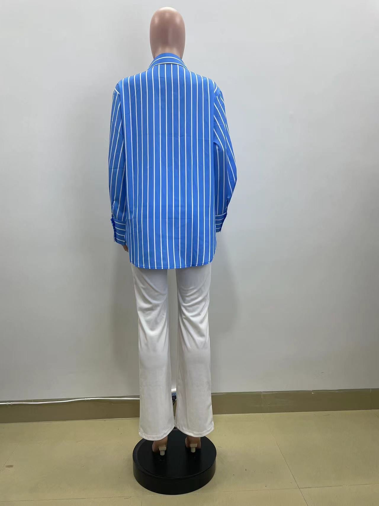 Spring Casual Blue And White Striped Career Loose Shirt 11