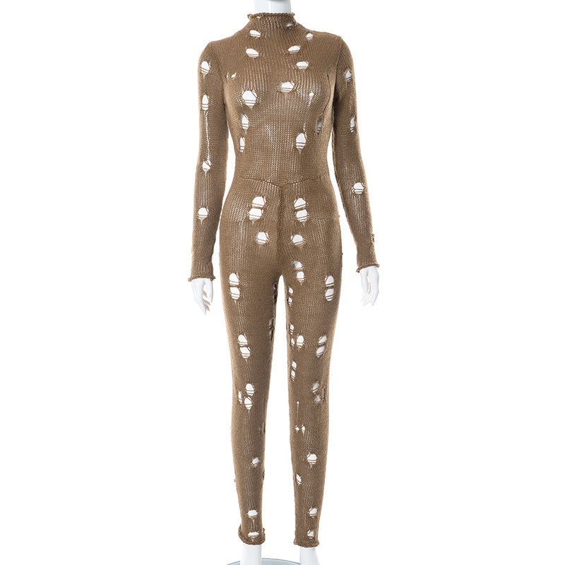 Autumn Winter Women's Fashion Ripped Slim Knitting Jumpsuit 10