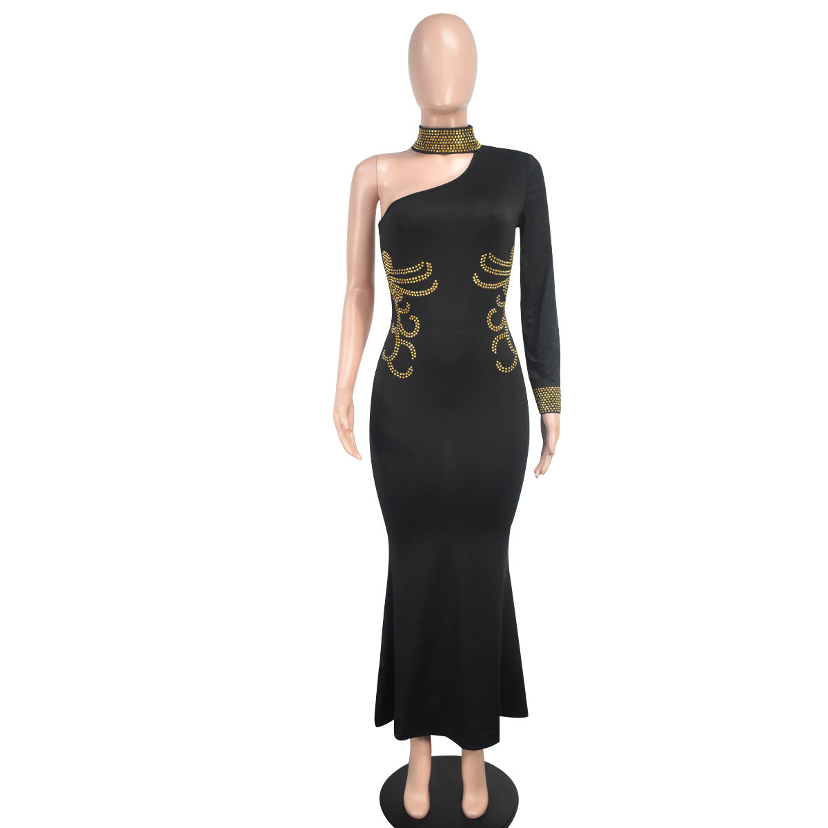 Women Black Halter Neck Beaded One Shoulder Long Sleeve Ball Dress 5