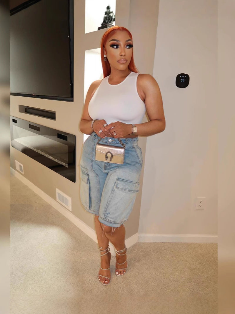 Women Retro Denim Knee-Length Cargo Shorts 4