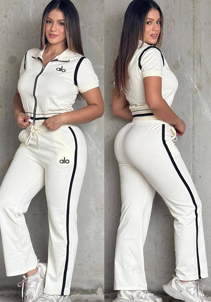 Autumn Fashion Embroidered Patchwork Ribbed Color Block Loose Casual Two-Piece Pants Set