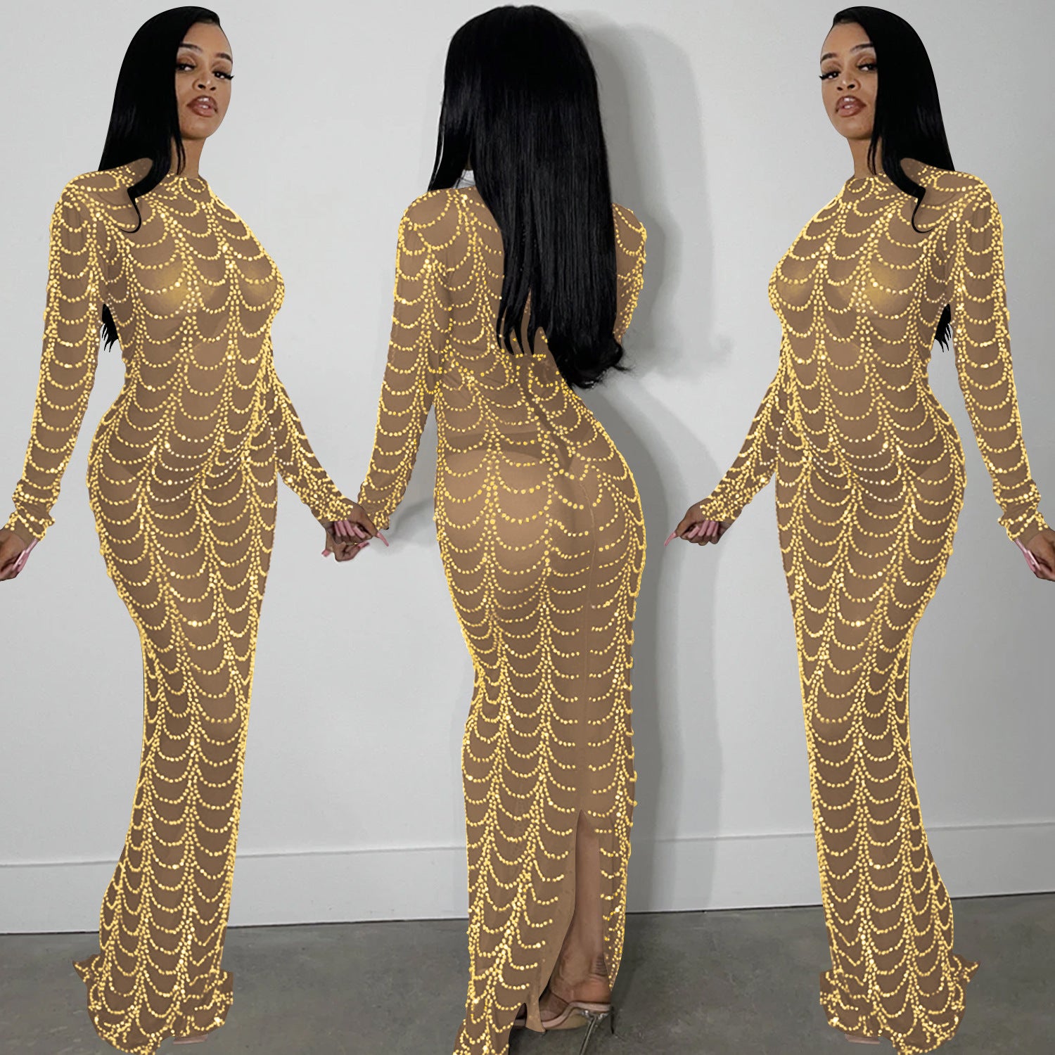 sexy rhinestone bead long sleeve see through long club dress 3