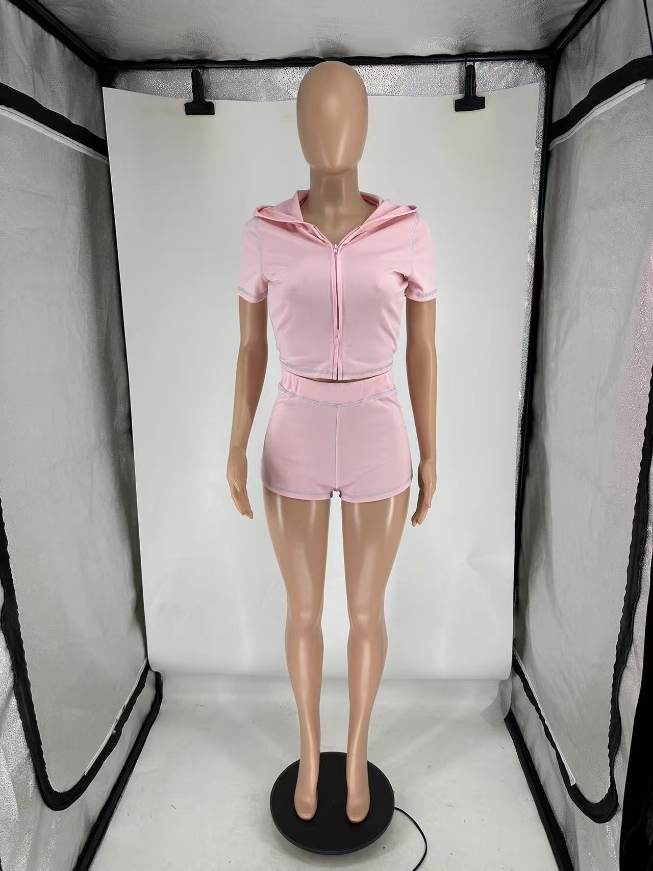 Summer Zipper Hooded High Stretch Sports Casual Short Sleeve Two Piece Shorts Set 16