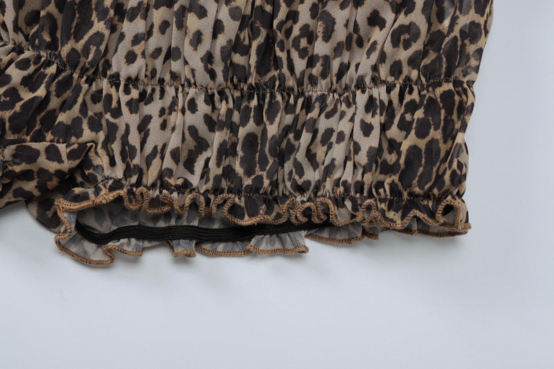 Women summer sexy leopard print lace Halter Neck Top And Ruffles shorts two-piece set 12