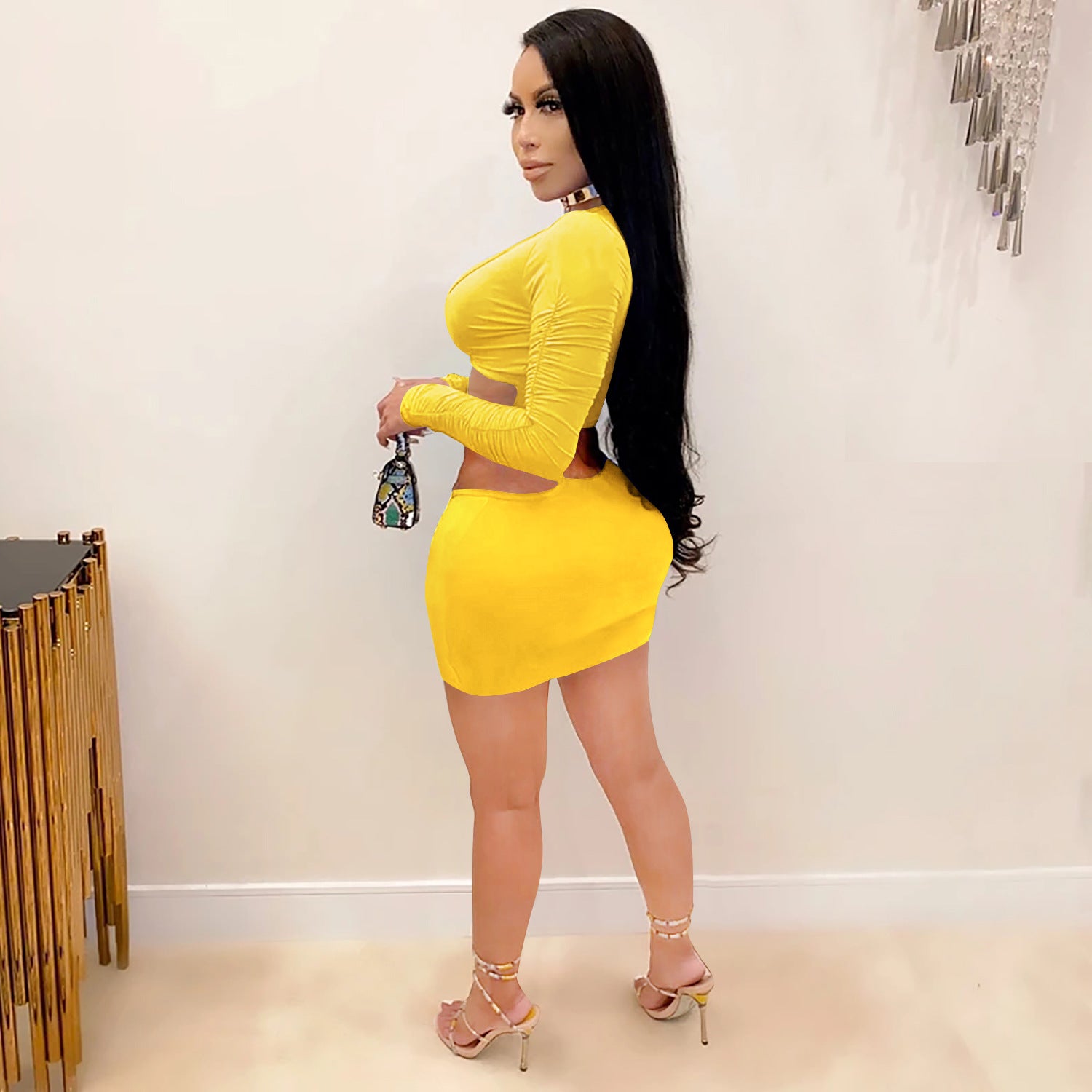 Women Sexy Long-Sleeved Solid Top and Skirt Two-Piece Set 4