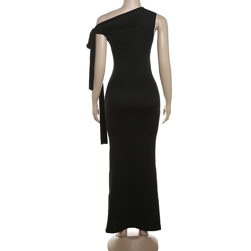 Spring & Summer Women's Casual Sexy Solid Slash Shoulder Sleeveless Slim Long Dress 12