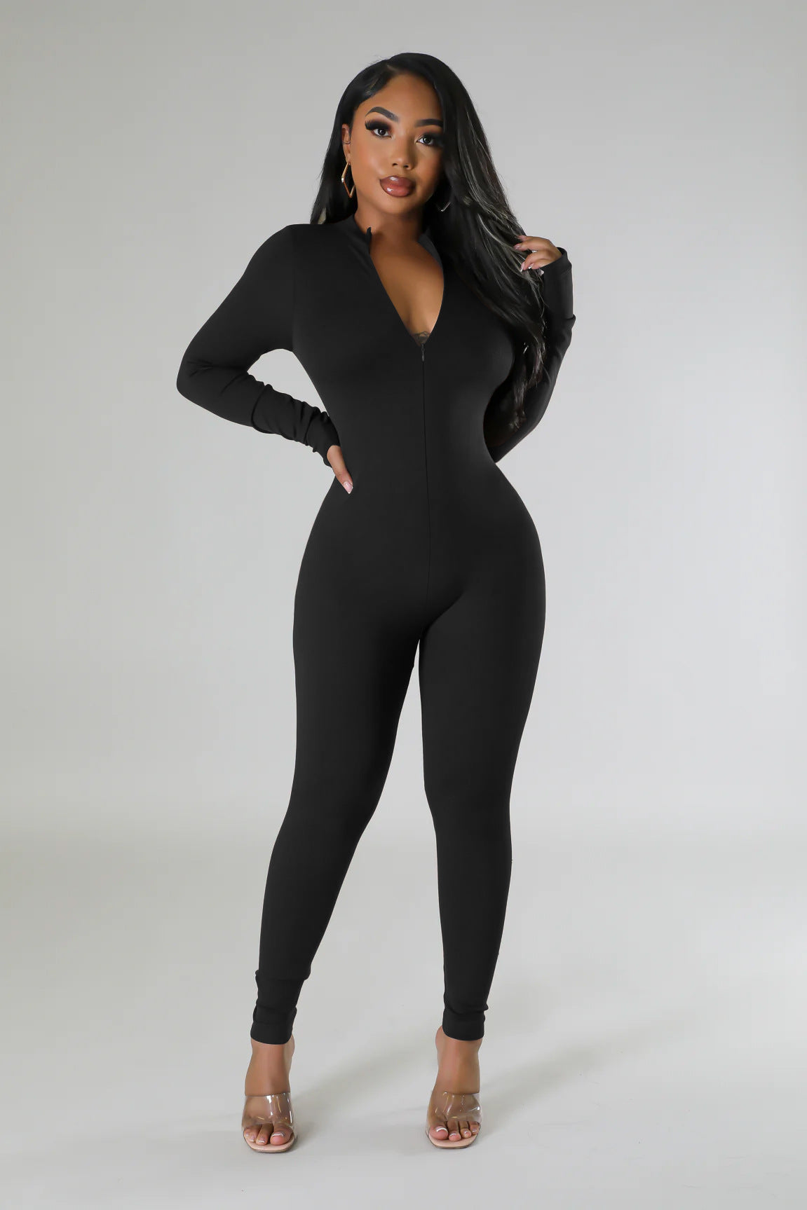 Autumn Winter solid color long sleeve tight slim casual zipper sports jumpsuit 3