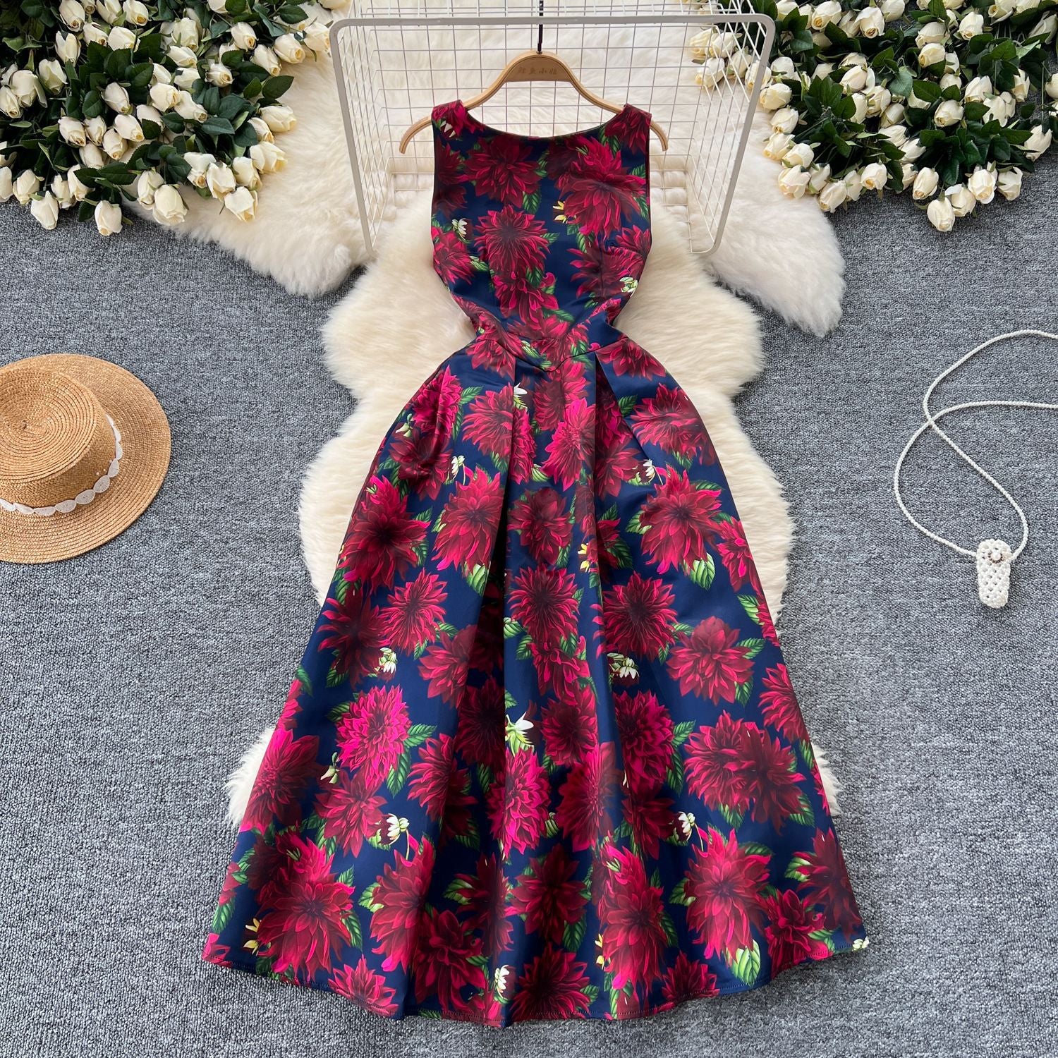 Fashion Printed Round Neck Slim Waist Pleated Flare Sleeveless Mini Dress 7