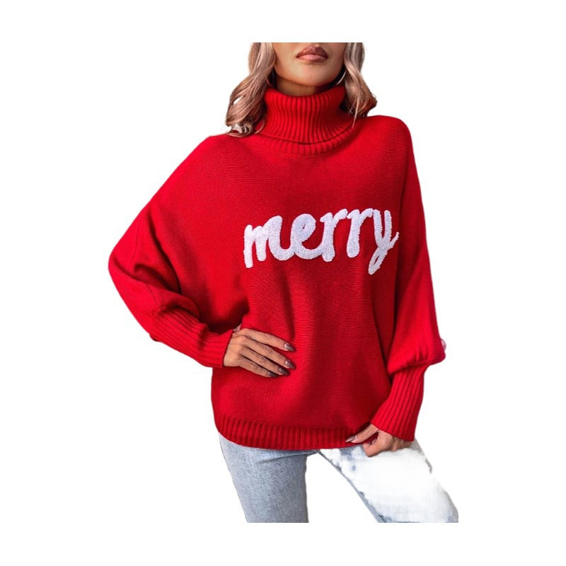 Christmas Turtleneck Women's Autumn And Winter Loose Bat Sleeves Outdoor Wear Knitting Shirt Sweatwear Tops For Women 9