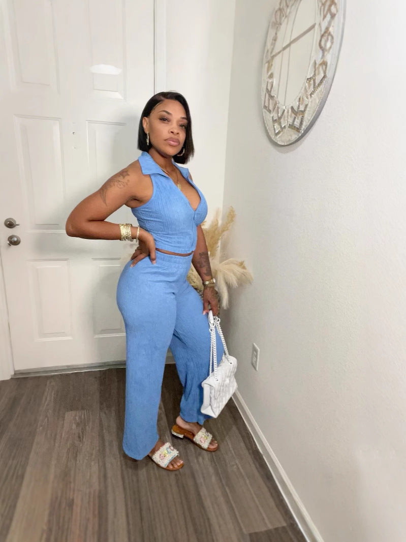 Summer Women’s Sleeveless Pleated Top and Casual Pants Set 6