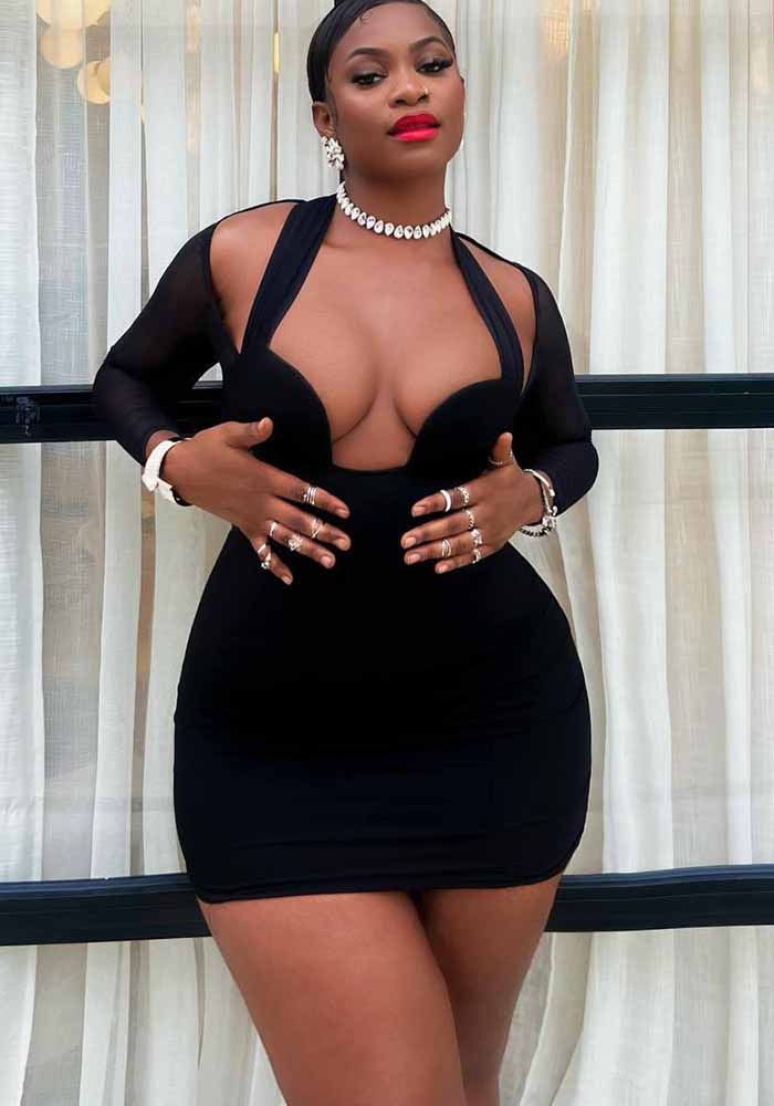 Women Halter Neck Sexy Mesh Patchwork Long Sleeve Bodycon Dress