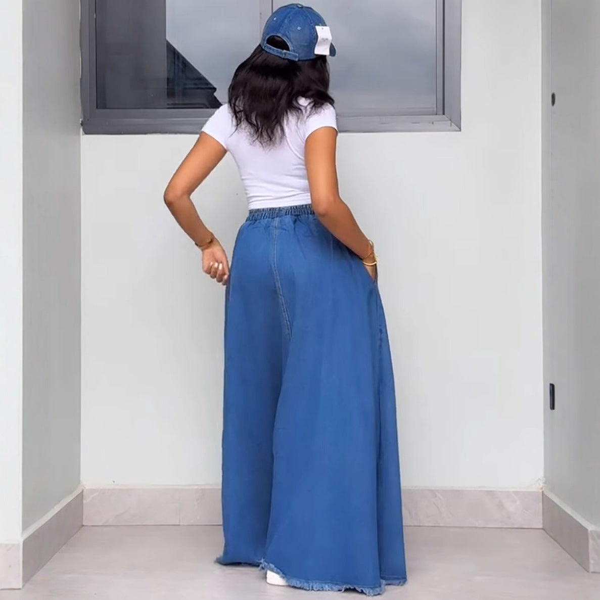 Women's Fashion Washed Solid Color Drawstring High Waist Ruffle Long Denim Skirt 5