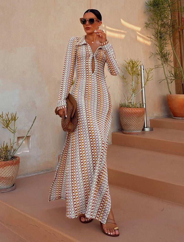 Women crocheted hollow low-cut V-neck slit long dress 3