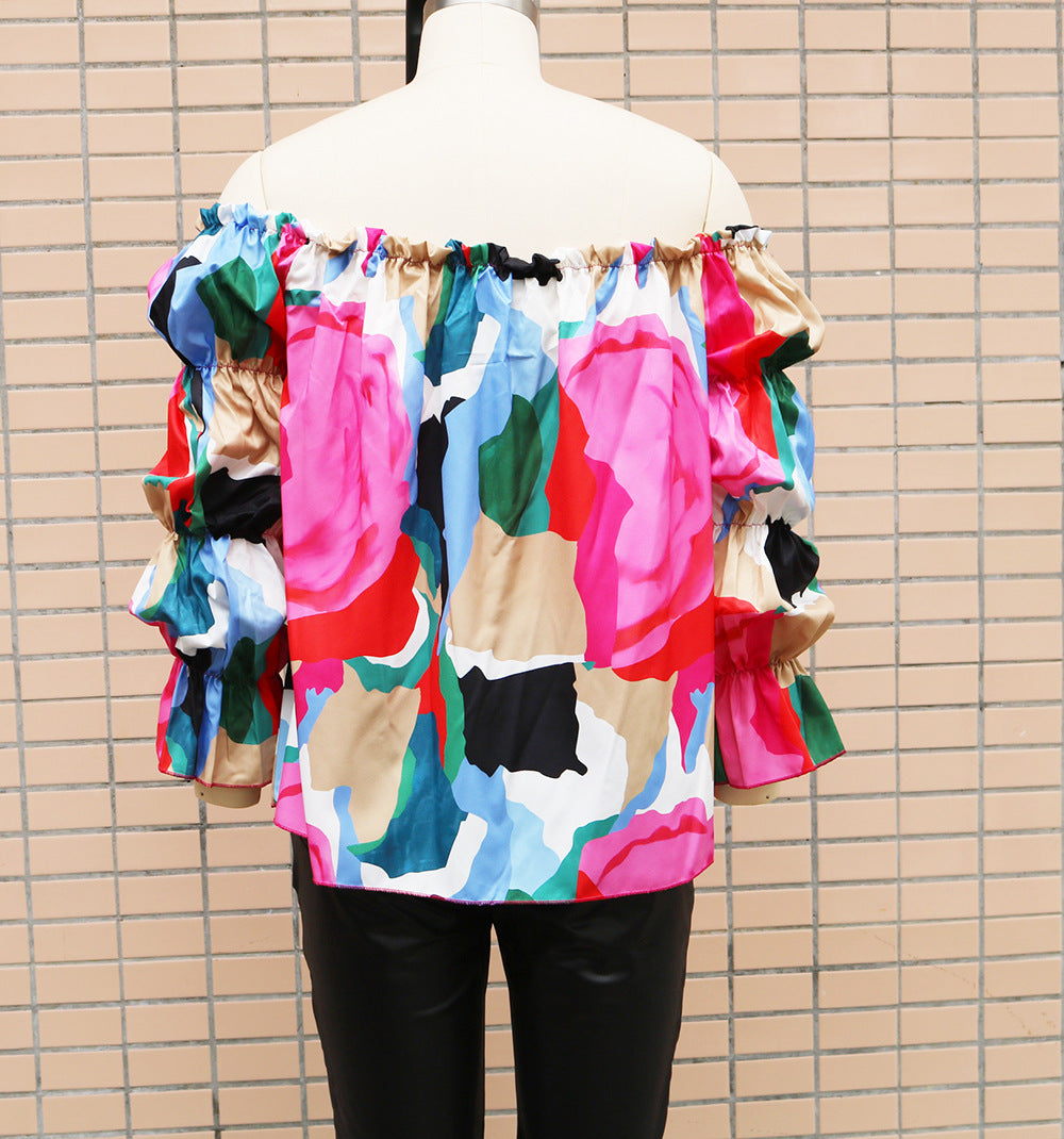 Off Shoulder Long Sleeve Printed Loose Women Casual Top 11