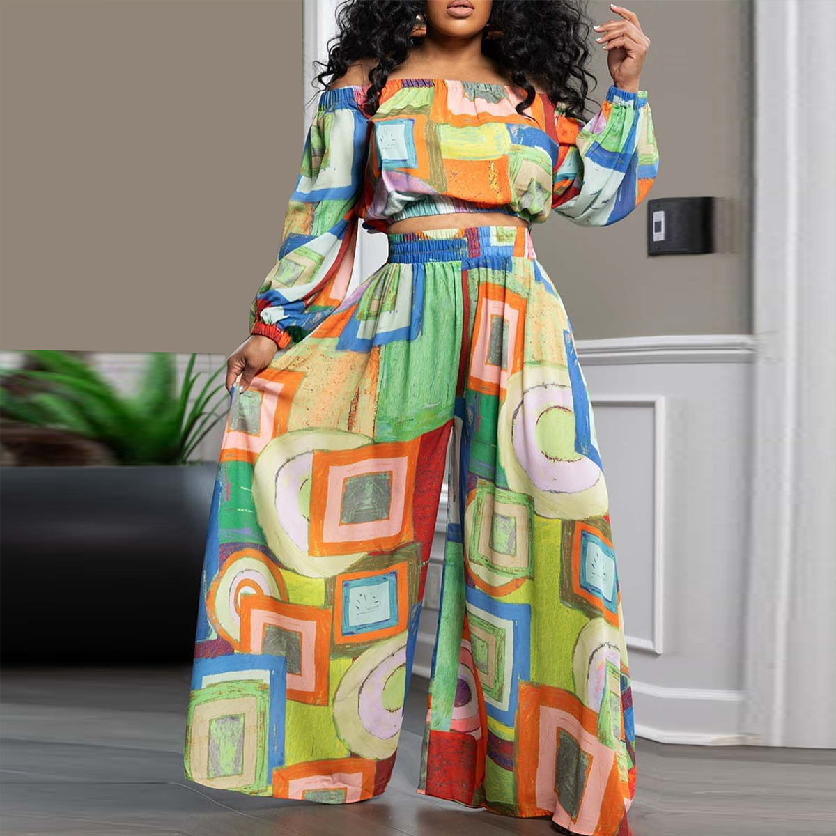 Women's Spring Summer Chic Elegant Contrast Print Off Shoulder Wide Leg Casual Two-Piece Pants Set